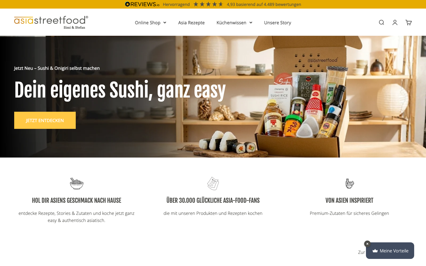 Startseite von asiastreetfood mit einer Sushi-Kochbox samt Zutaten und Werkzeug.