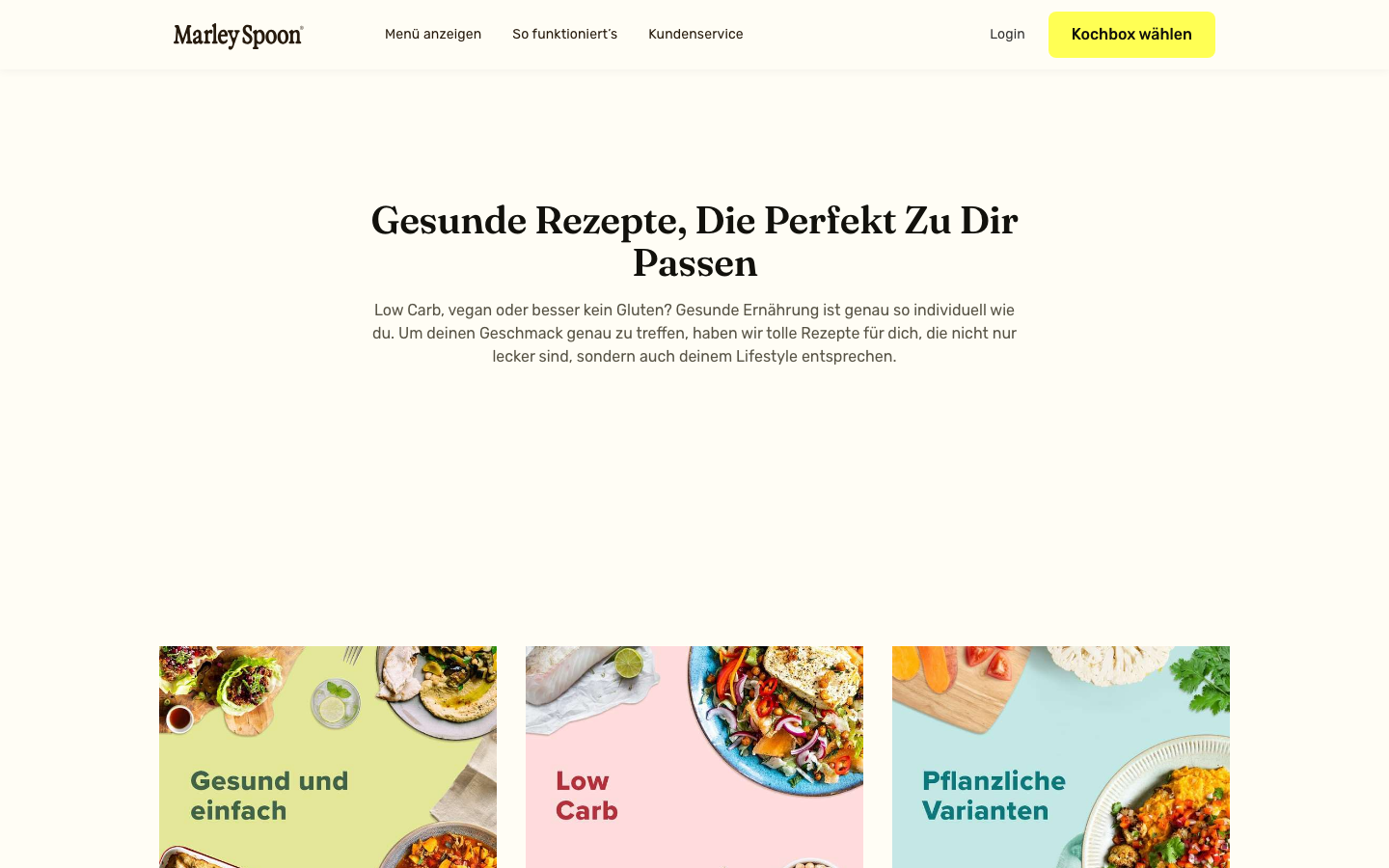 Marley Spoon Menüauswahl mit eigener Low-Carb-Kategorie