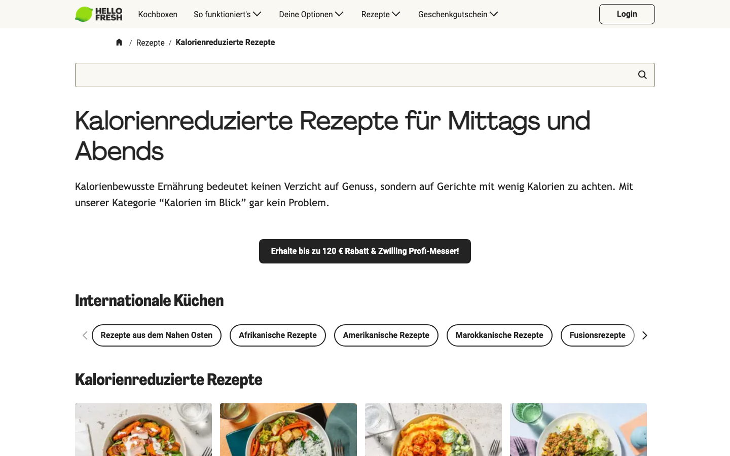 HelloFresh Rezeptseite für kalorienreduzierte und Low-Carb-geeignete Gerichte