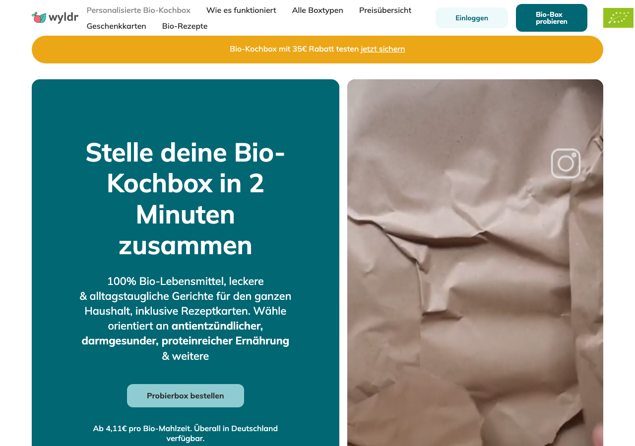 wyldr Homepage - Bio-Kochbox mit 35 Euro Neukundenrabatt