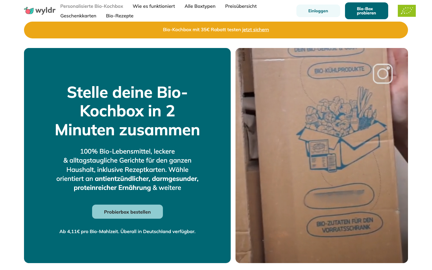 wyldr Startseite mit personalisierbarer Bio-Kochbox ab 4,11 Euro pro Mahlzeit