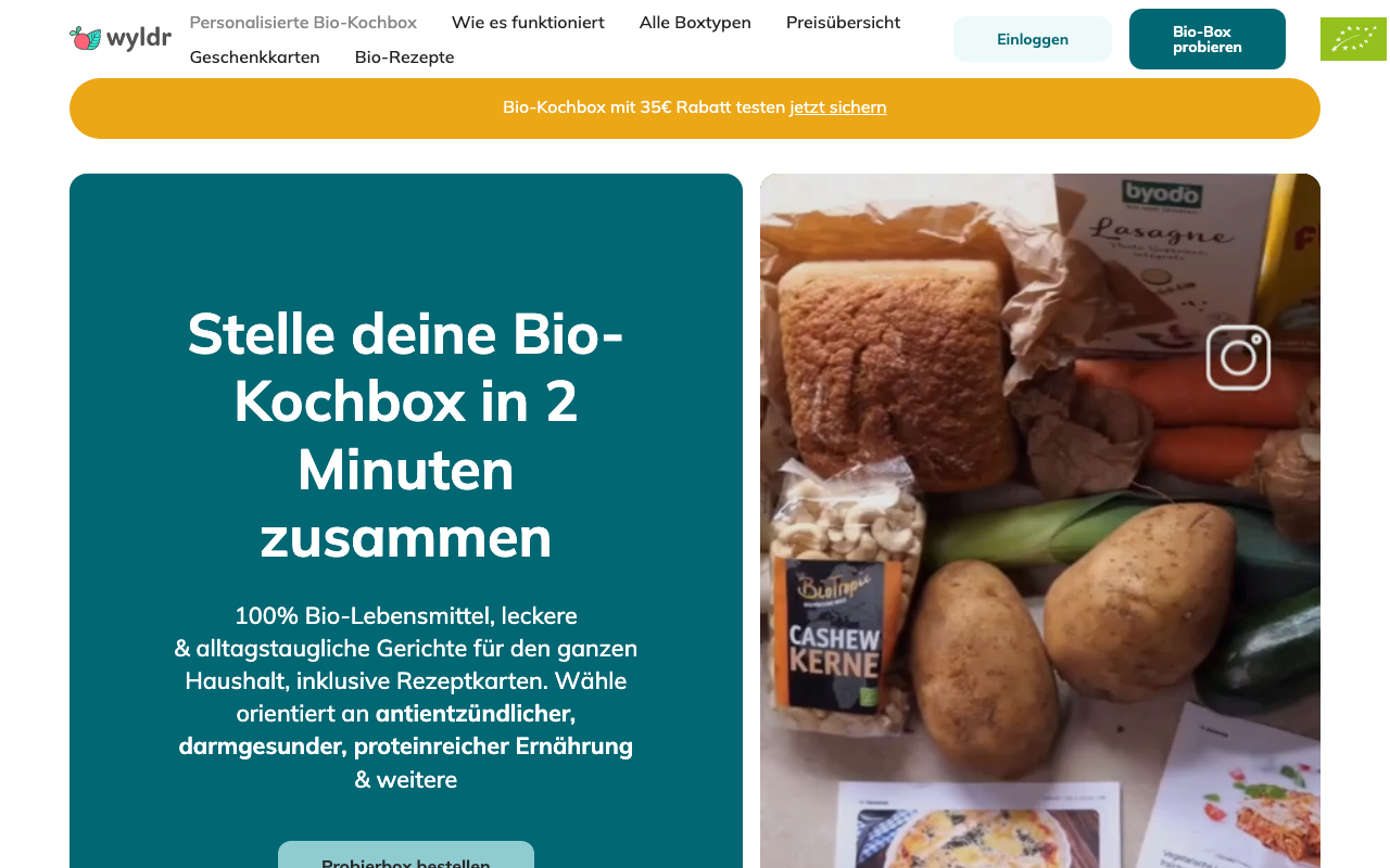 Screenshot der Wyldr Bio-Kochbox Startseite