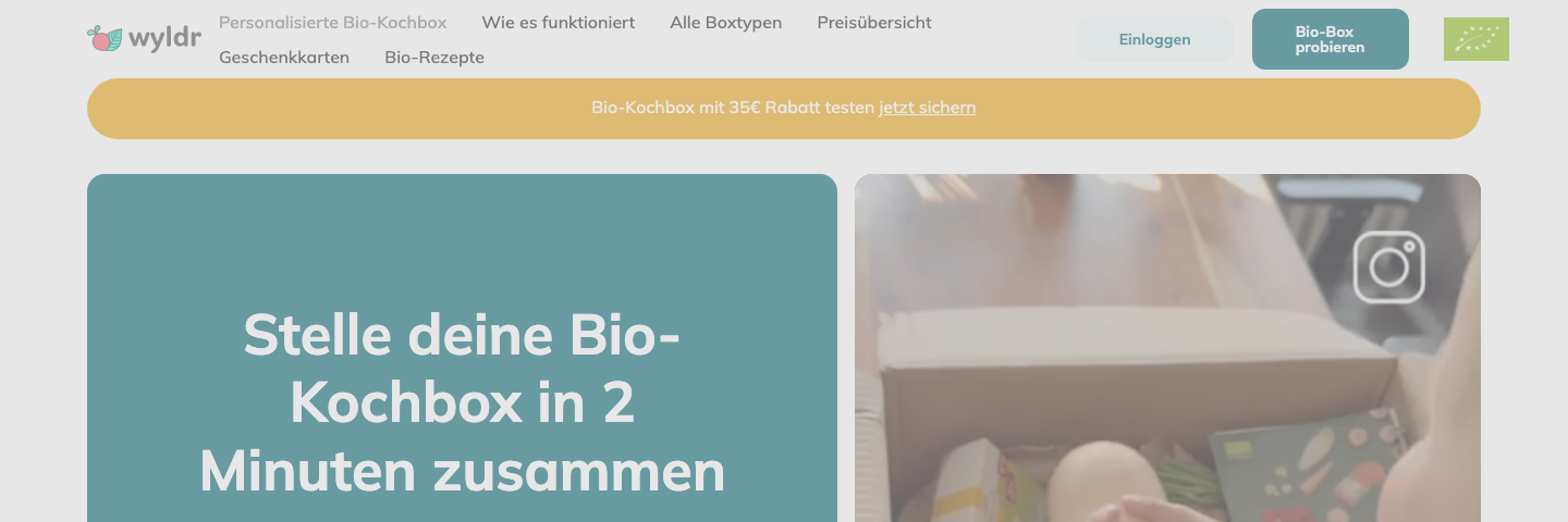 wyldr Bio-Kochbox Homepage mit Low-Carb und proteinreichen Rezepten