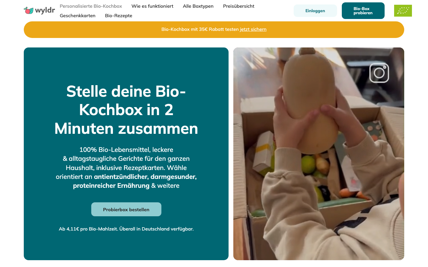 wyldr Kochbox Website – ab 4,11 Euro pro Bio-Mahlzeit bestellen