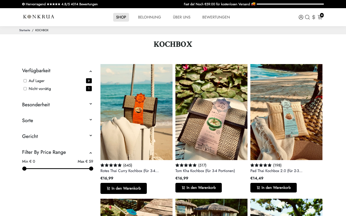 Produktübersicht im KONKRUA-Onlineshop mit aktuellen Preisen je Kochbox.