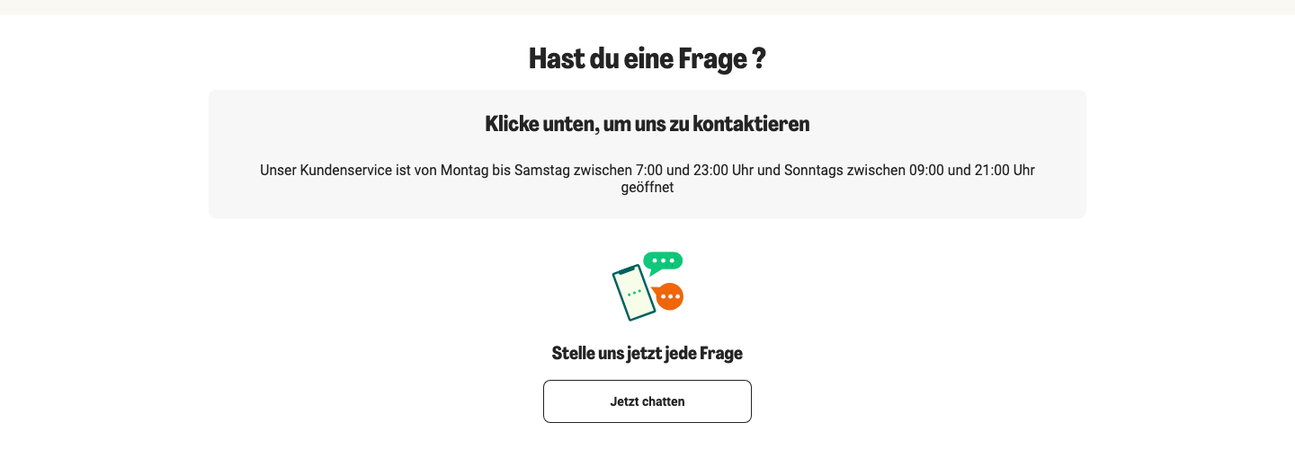 HelloFresh Live-Chat Kontaktseite mit Servicezeiten und Chat-Button