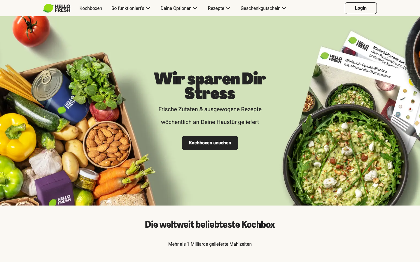 HelloFresh Kochbox Homepage — günstige Kochbox ab 5,10 € pro Portion mit 100 € Neukundenrabatt