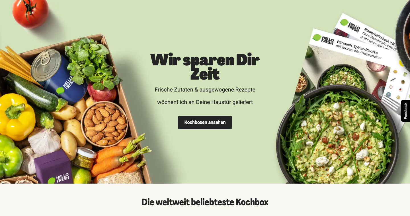 Screenshot der HelloFresh-Homepage: Kochbox-Service mit frischen Zutaten und einfachen Rezepten