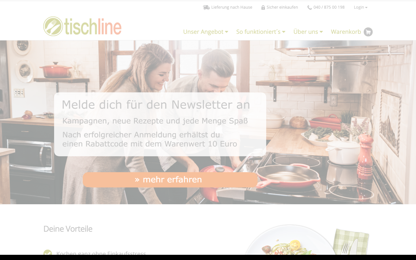 Tischline Startseite mit Kochbox-Angebot