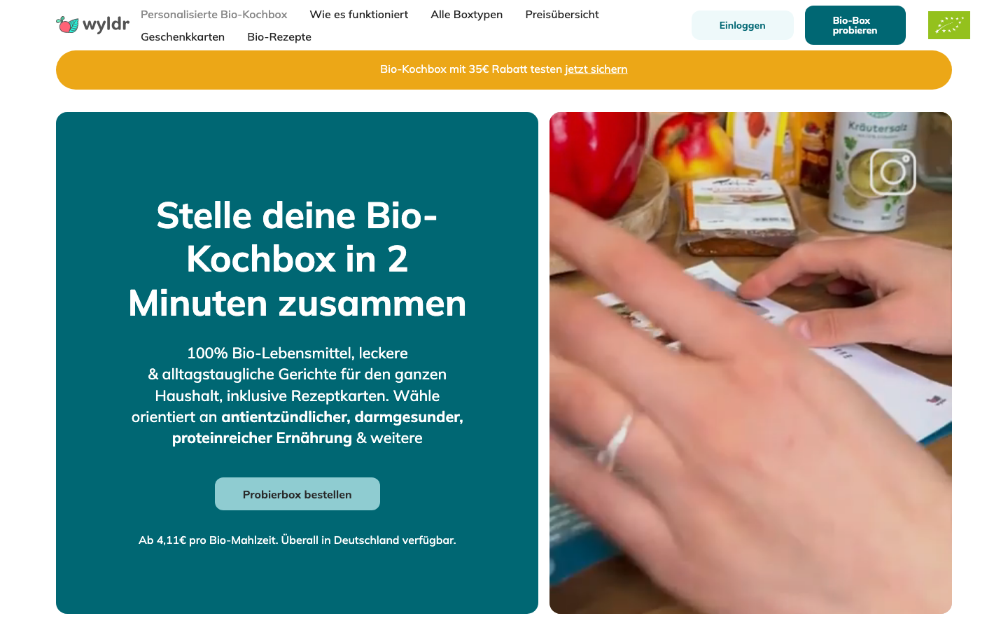 wyldr Startseite mit Bio-Kochbox-Konfigurator