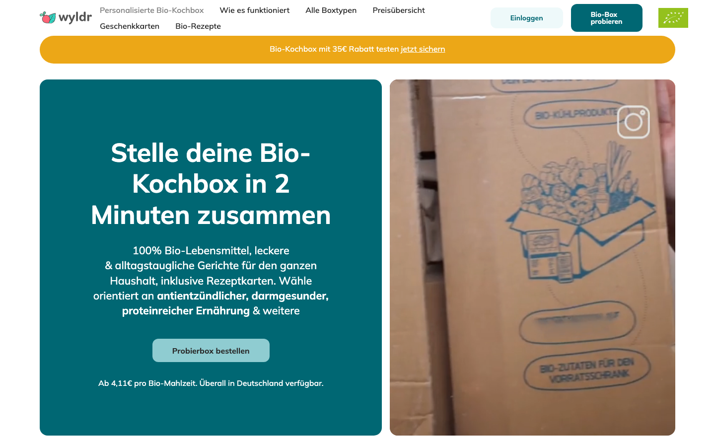 wyldr Startseite – Bio-Kochbox in 2 Minuten zusammenstellen