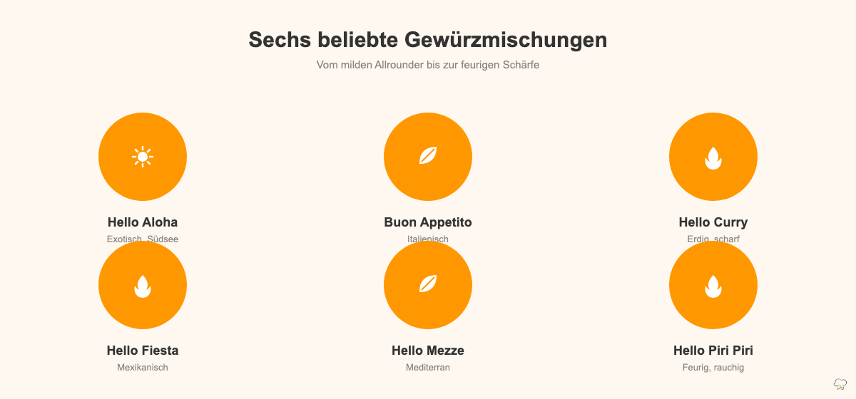 Sechs HelloFresh-Gewürzmischungen im Überblick: Hello Aloha, Buon Appetito, Curry, Fiesta, Mezze und Piri Piri