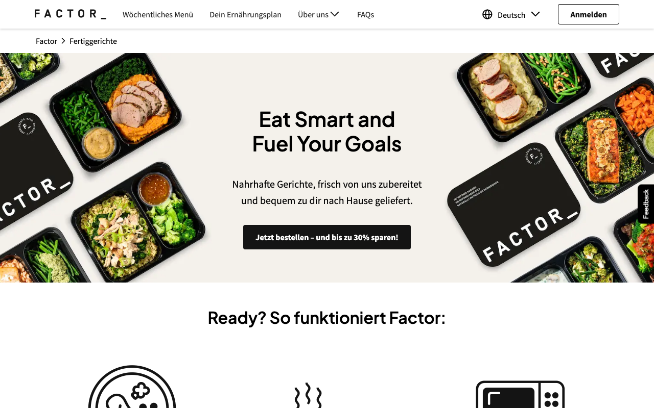Factor Meals Menüseite – Übersicht der Menülinien wie Protein Plus, Keto und Calorie Smart