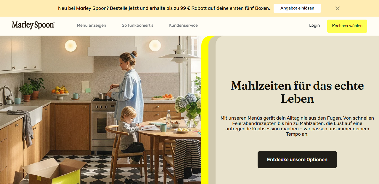 Marley Spoon Homepage - Neukunden erhalten bis zu 99 Euro Rabatt auf die ersten Boxen