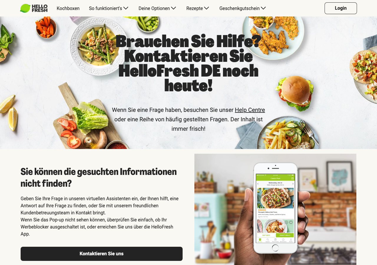 HelloFresh Hilfe-Center und Kontaktseite Screenshot 2026