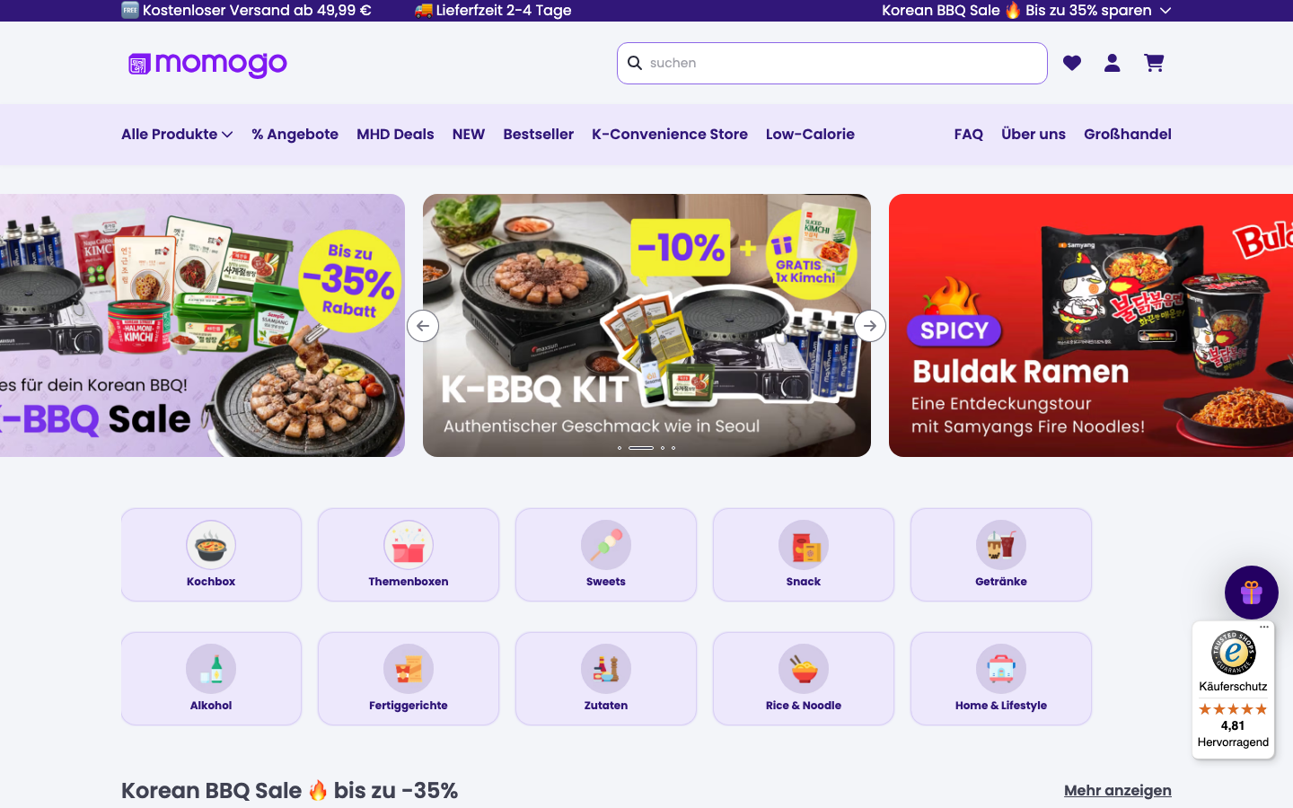 Screenshot der momogo-Website – asiatische Kochbox für Singles mit japanischen und koreanischen Rezepten