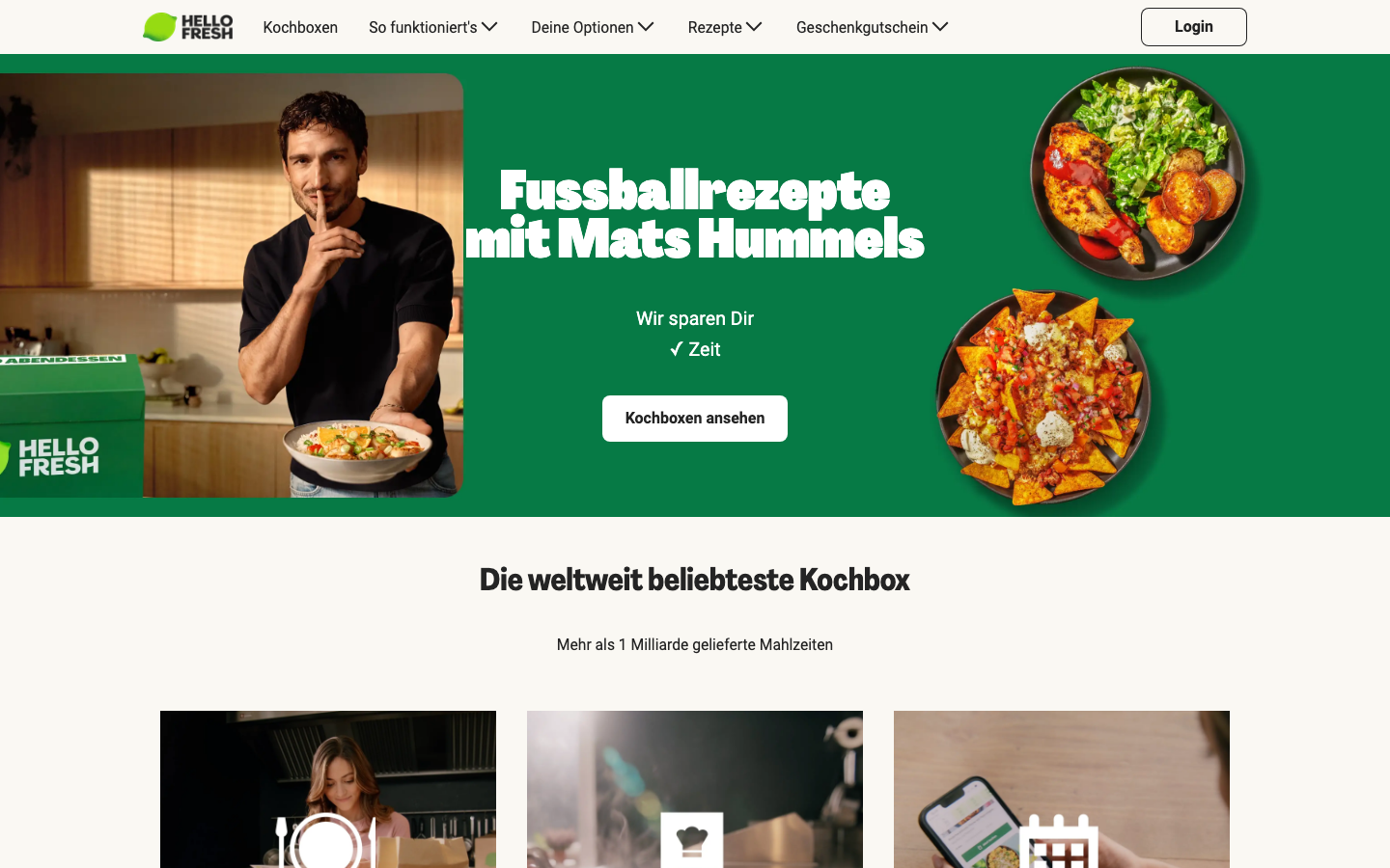 Screenshot der HelloFresh-Website – Kochbox für Singles mit über 80 Rezepten pro Woche