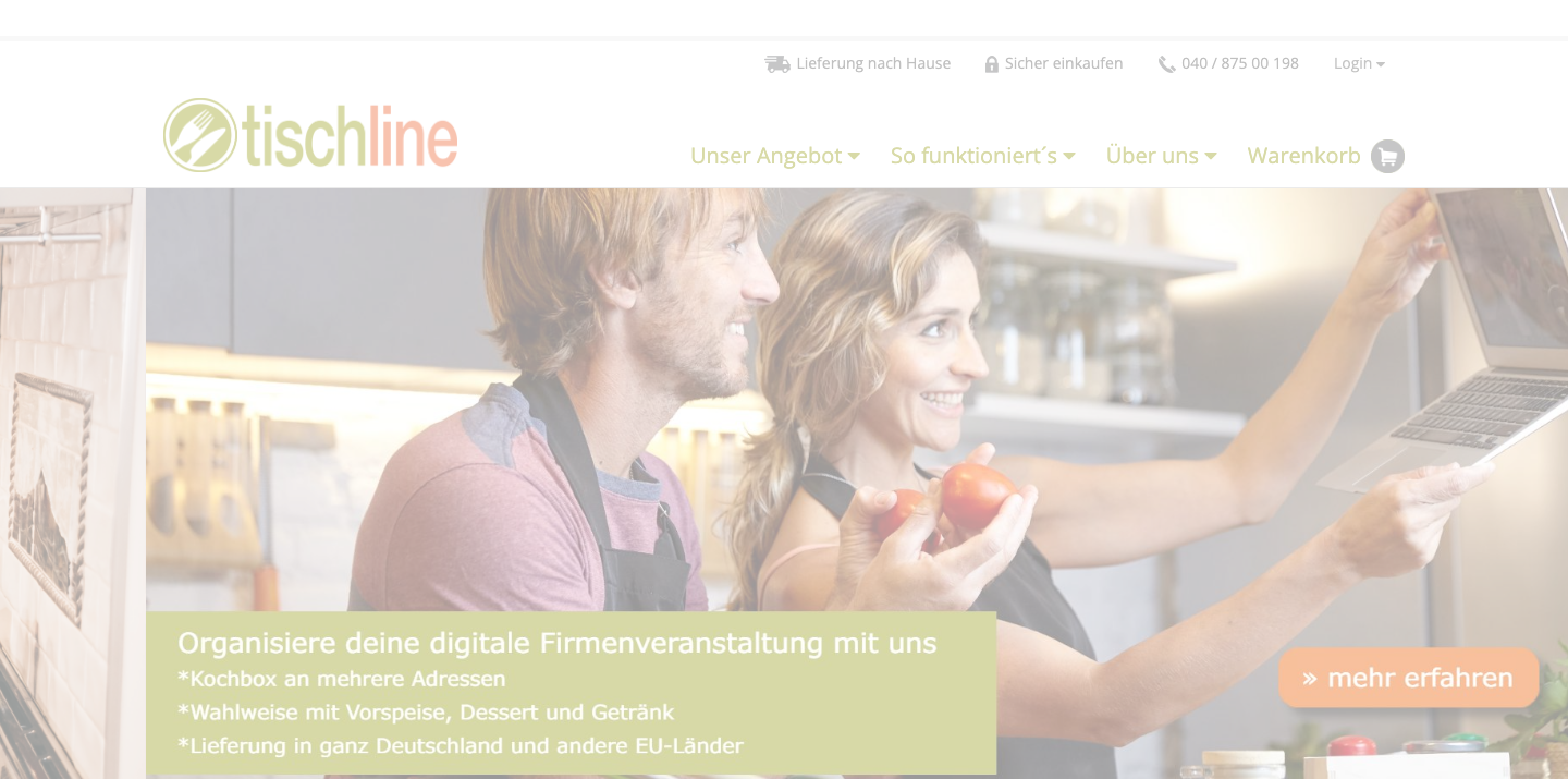 Screenshot der Tischline-Website – günstige Kochbox für Singles ab 4,45 Euro pro Portion ohne Abo