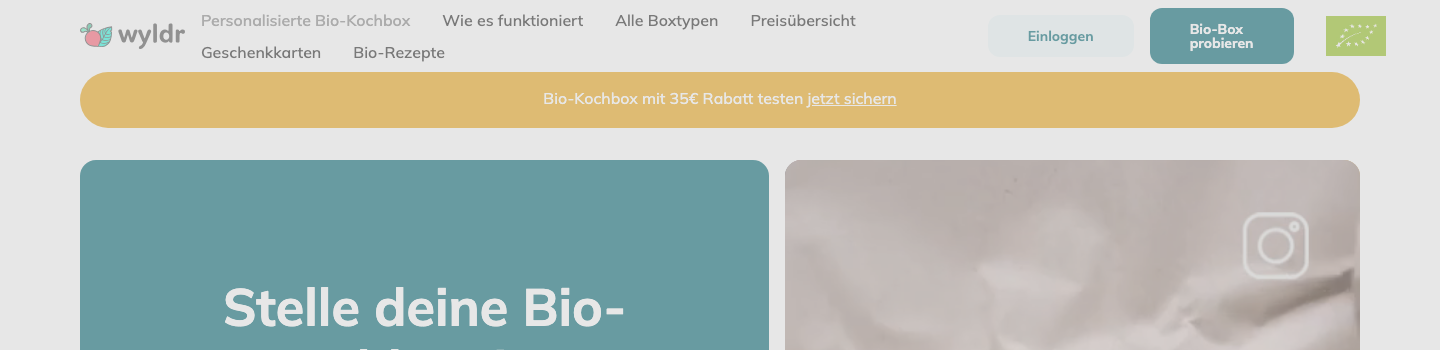 Screenshot der wyldr-Website – Bio-Kochbox für Singles mit bio-zertifizierten Zutaten
