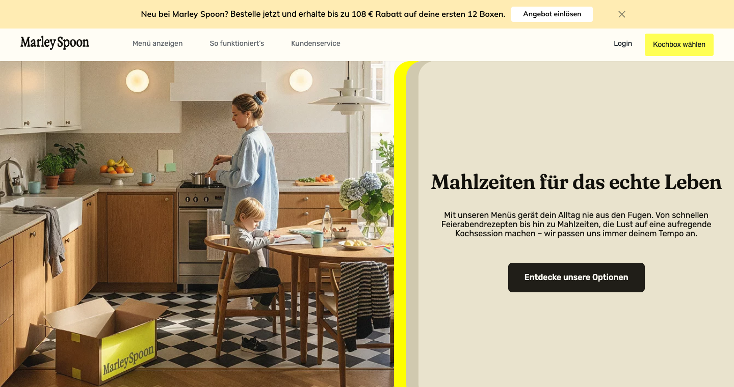 Startseite von Marley Spoon mit dem Angebot bis zu 108 Euro Rabatt auf die ersten 12 Boxen