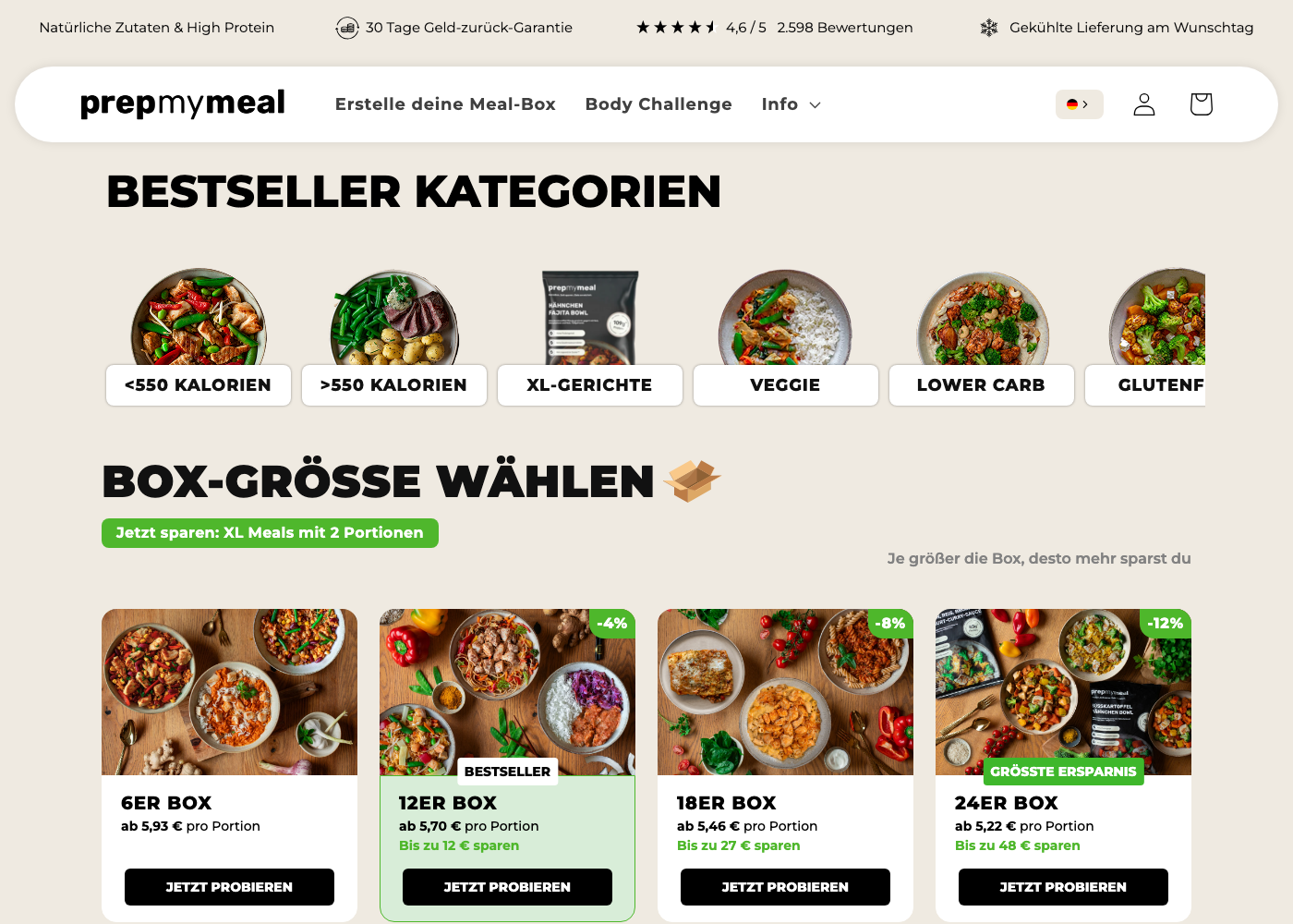 Screenshot der PrepMyMeal Website mit Box-Groessen und Preisen