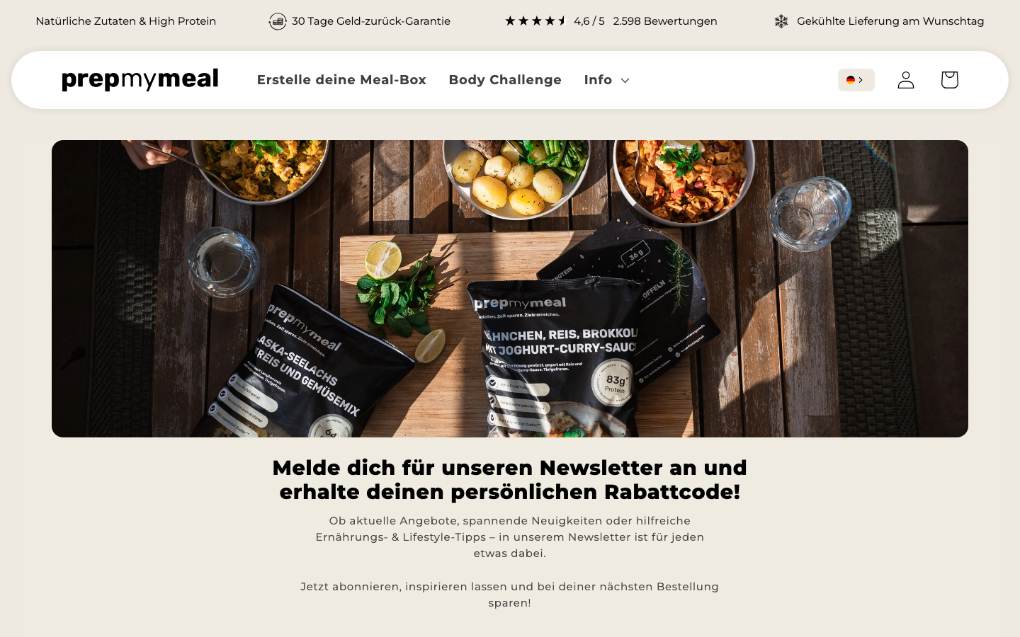Screenshot der offiziellen PrepMyMeal Rabatt-Seite mit Newsletter-Rabattcode Hinweis