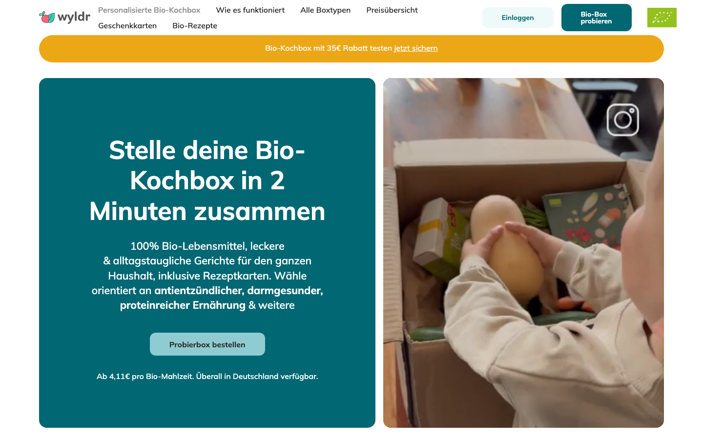 Startseite von wyldr-bio.de mit Bio-Kochbox Angebot