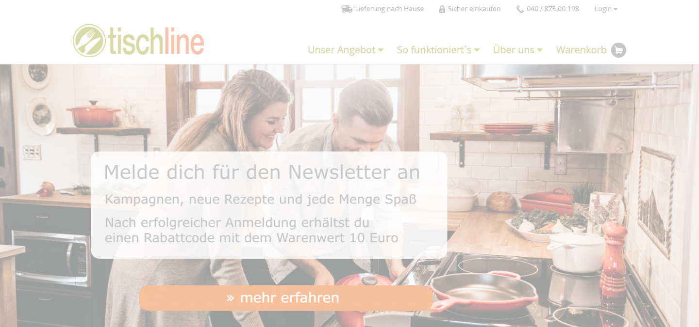 Startseite von Tischline, Kochbox-Anbieter ohne Abo-Pflicht
