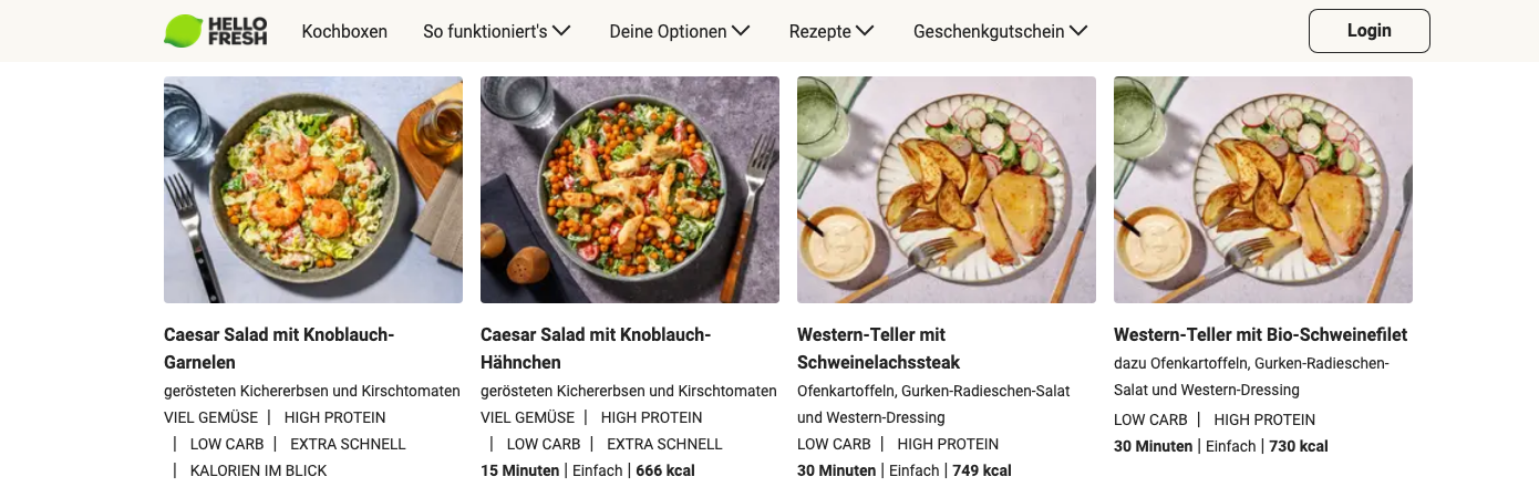 HelloFresh-Rezeptkarten mit LOW CARB und HIGH PROTEIN Labels sowie Kalorienangaben pro Portion.