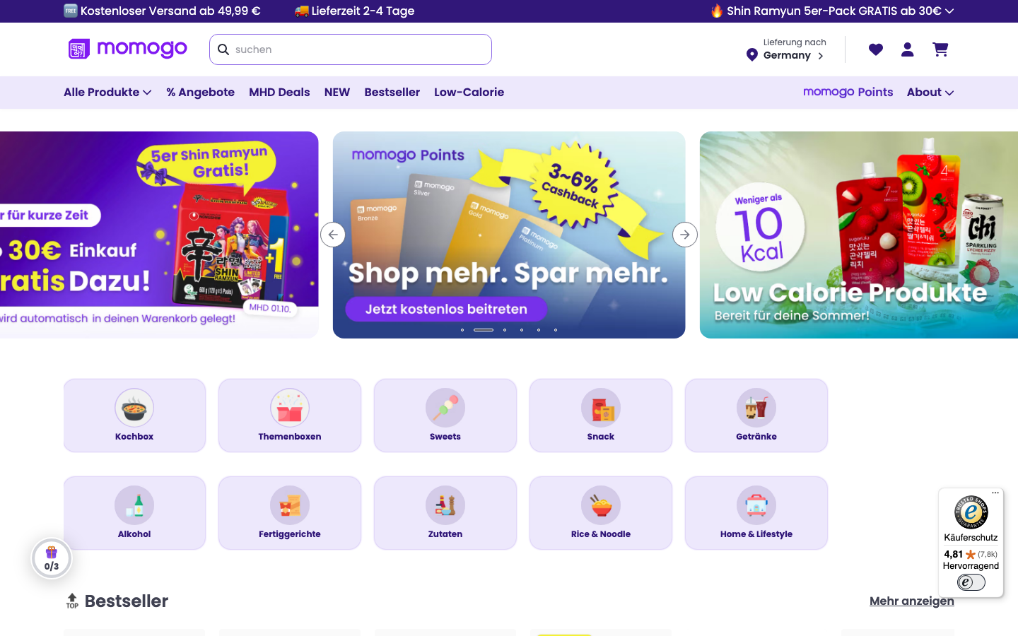 Startseite von momogo mit asiatischen Kochboxen, Snacks und Zutaten sortiert nach Länderküche.