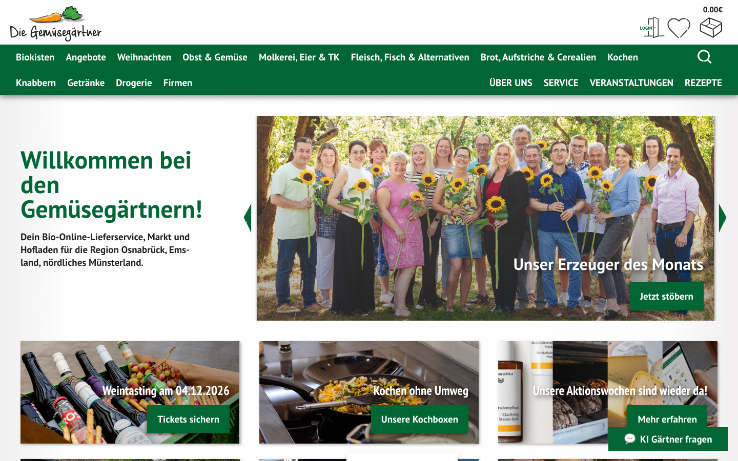Startseite von Die Gemüsegärtner mit regionalem Bio-Liefersortiment.