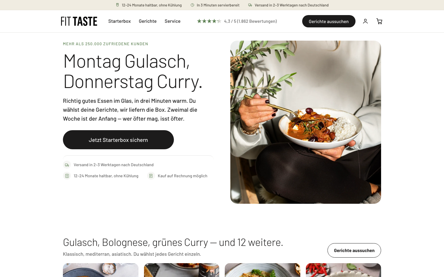 Startseite von Fittaste mit proteinreichen Fertiggerichten im Glas ohne Kühlung.