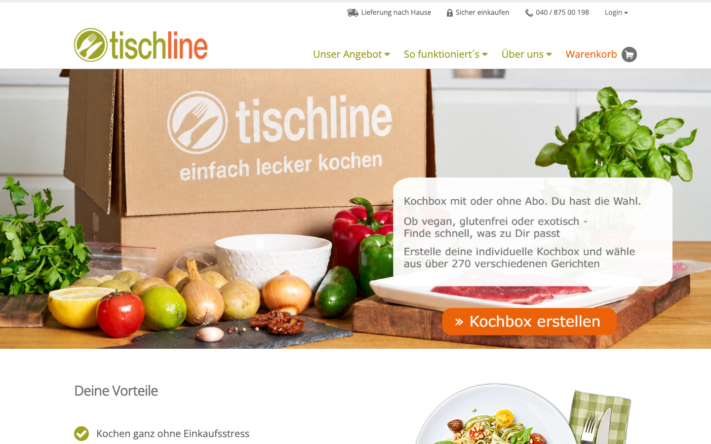 Startseite von Tischline mit Produktbild der Kochbox und Bestelloption.
