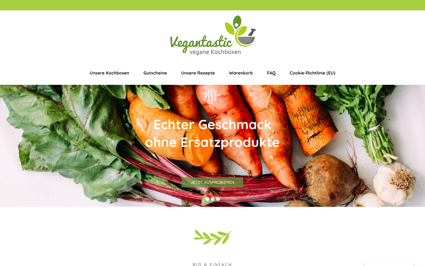 Startseite von Vegantastic mit Werbung für vegane Kochboxen ohne Ersatzprodukte.