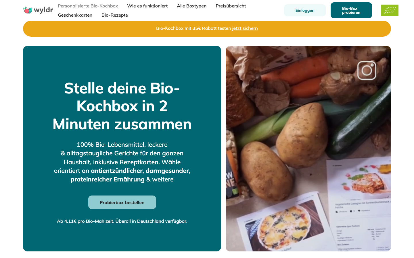 Startseite von wyldr mit Konfigurator für die individuelle Bio-Kochbox.